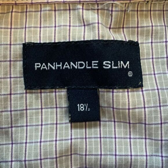 Panhandle Slim Men’s Size 18.5 Button Down Shirt Tan Short Sleeve Plaid - Picture 2 of 6